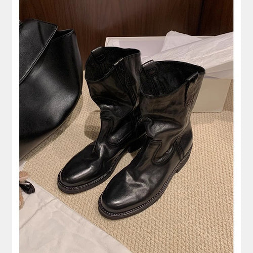 Damen Mid‑Calf Slouch Western‑Stiefel aus Glattleder mit Zuglaschen und profilierter Laufsohle Shop Nory
