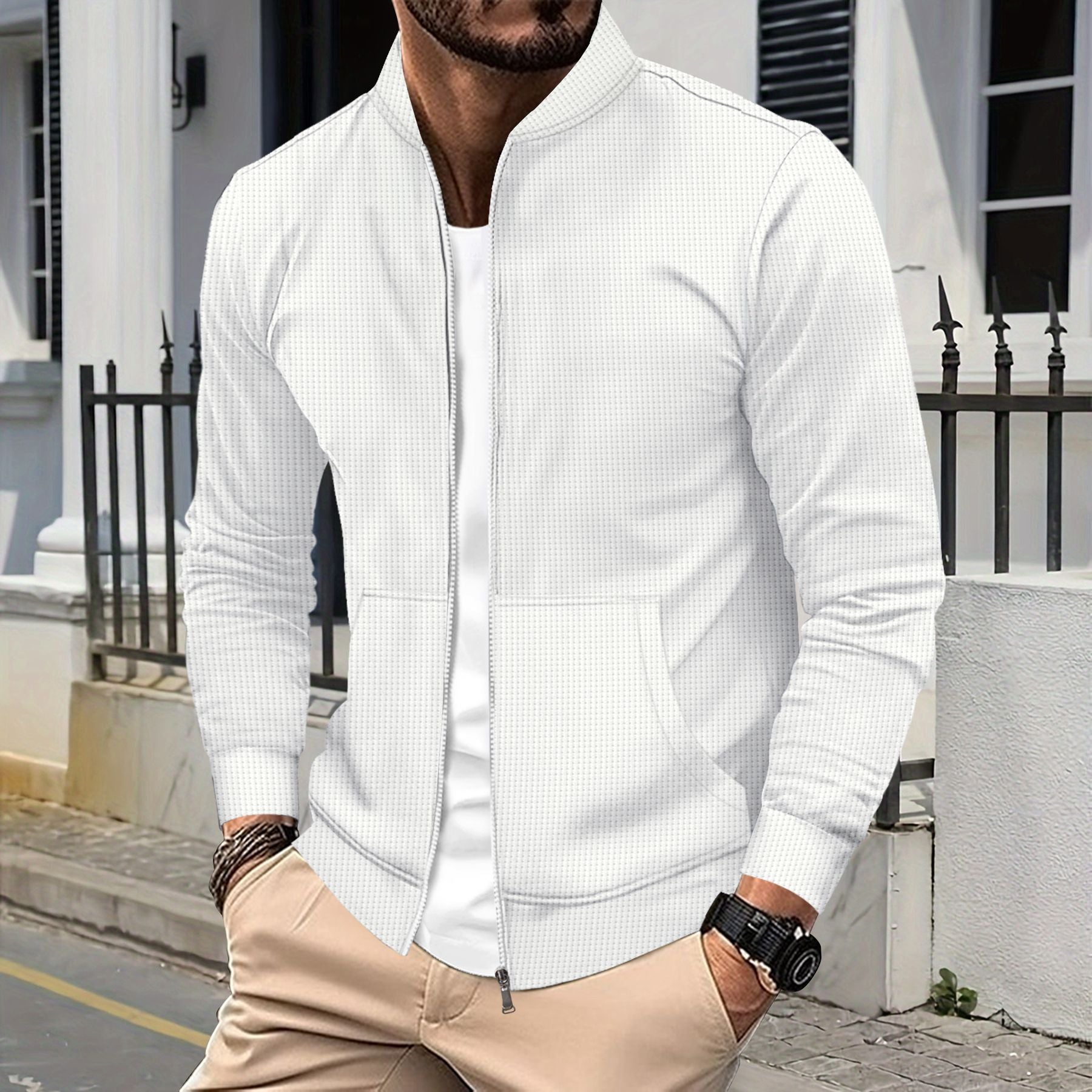 Zip Jacke Sportliche Passform Strukturierter Stoff Rippkanten Fronttaschen