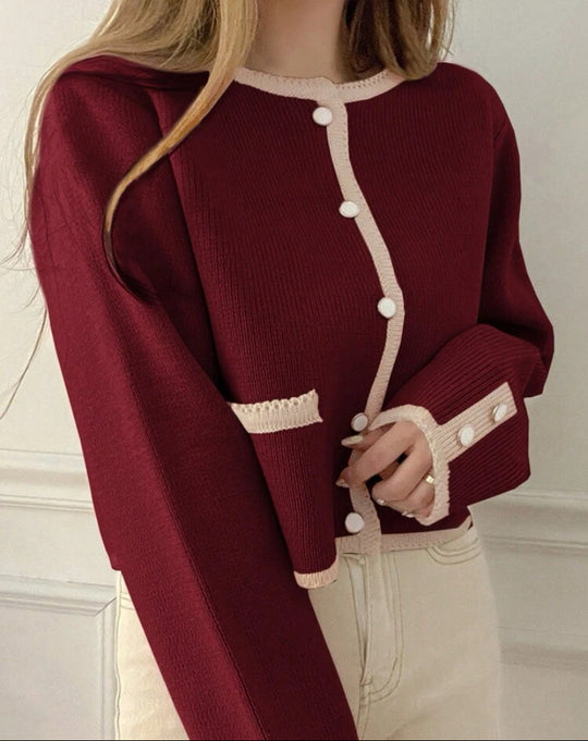 Damen Kurzgeschnittener gerippter Cardigan mit kontrast‑Häkelkante, Zierknopfleiste und Taschenleisten Shop Nory