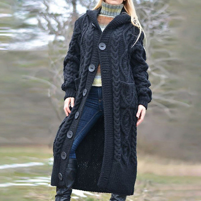 Damen Strickmantel mit Kapuze und Kabelmuster
