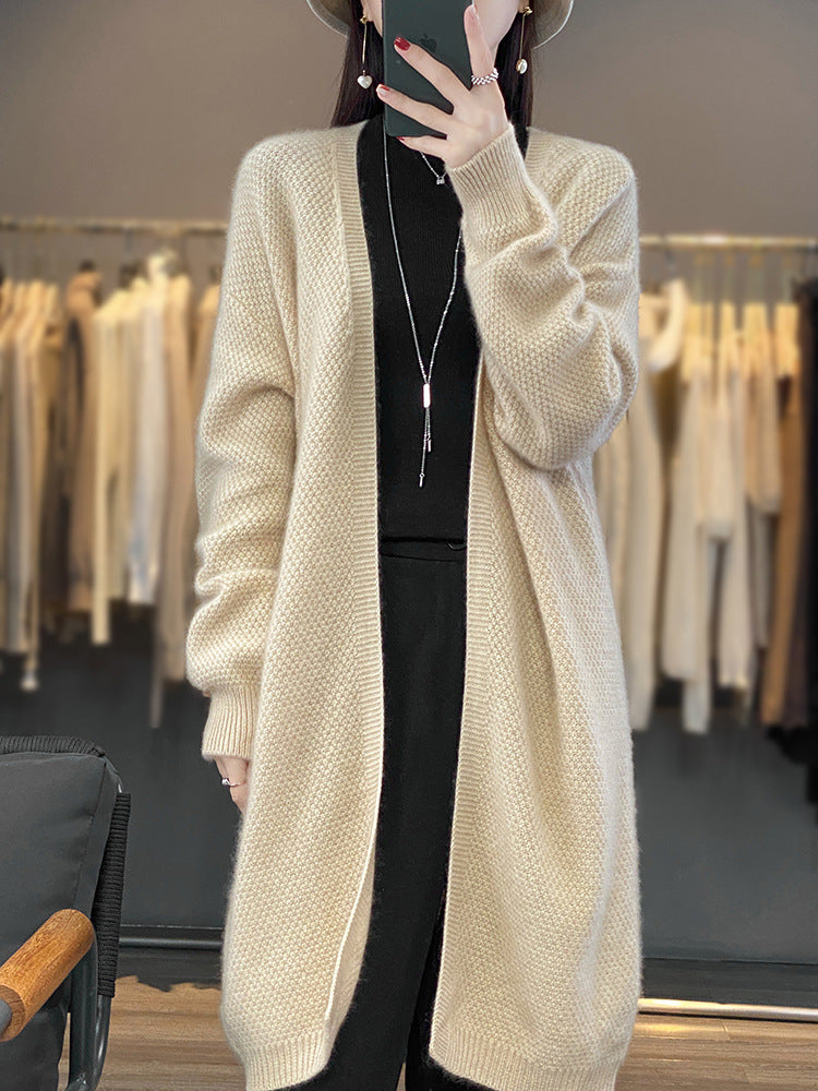 Damen Langer Offener Strickcardigan mit Samenmuster und gerippten Abschlüssen Shop Nory