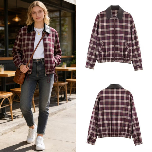 Damen Karierte Blousonjacke mit kontrastierendem Lederkragen und elastischem Saum Shop Nory