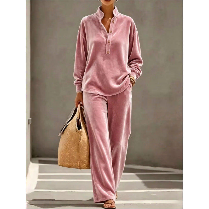 Damen Velours-Loungewear-Set mit Stehkragen-Henleytop und weiter Palazzohose Shop Nory