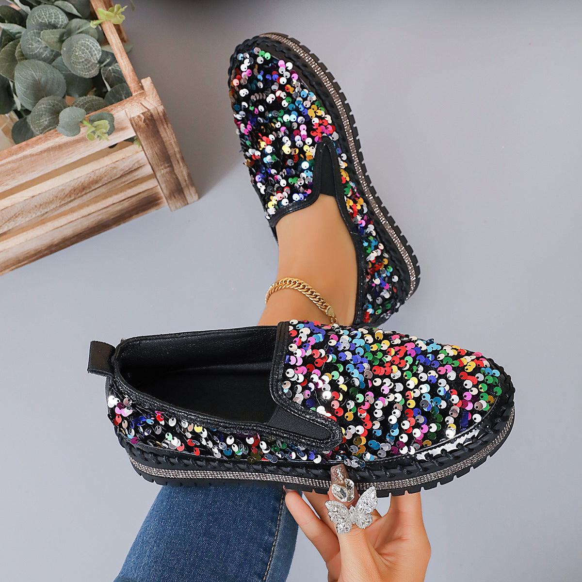 Damen Glitzernde Slip-On Sneakers mit elastischem Obermaterial und rutschfester Sohle Shopnory