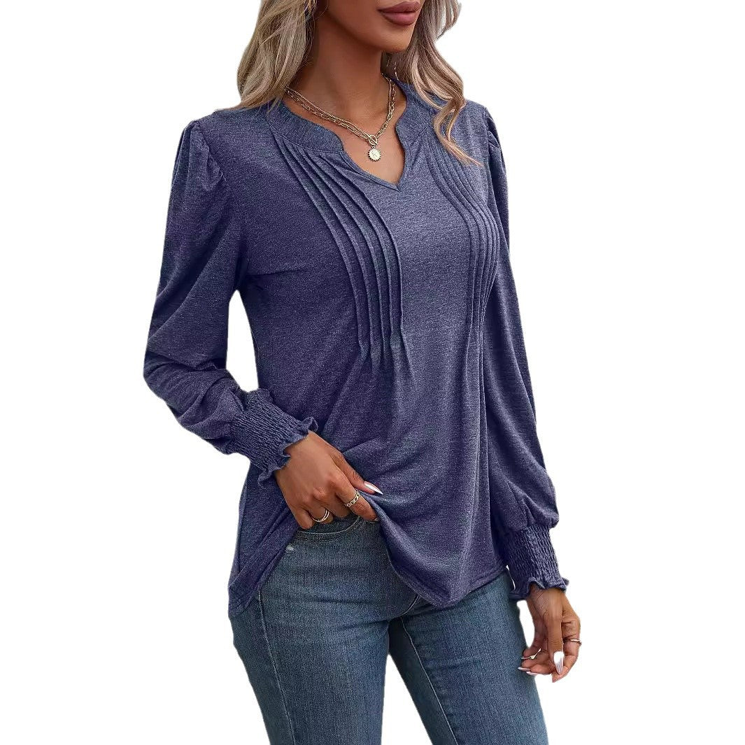 Damen nan Langarmshirt mit V-Ausschnitt, dekorativen Kellerfalten vorn und elastischen Smokbündchen Shop Nory