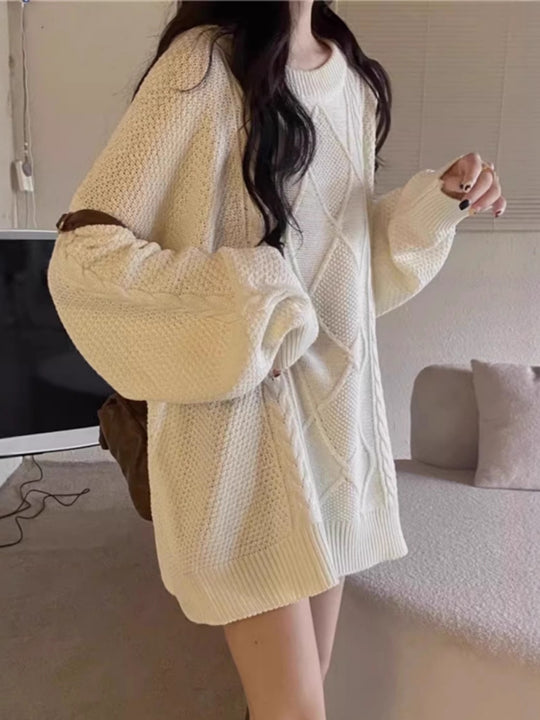 Damen Oversize Zopfmuster-Longpullover mit Rundhals und Ballonärmeln Shop Nory
