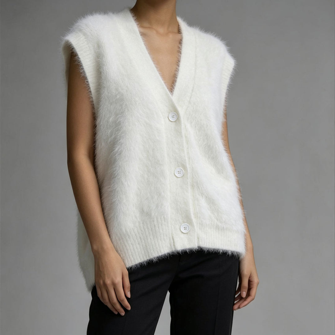 Damen Flauschige ärmellose Knopf‑Weste aus Mohairmix mit tiefem V-Ausschnitt Shop Nory
