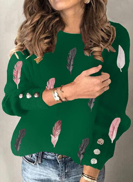Damen Feinstrickpullover mit Federmotiv, Rundhalsausschnitt und dekorativer Knopfleiste Shop Nory