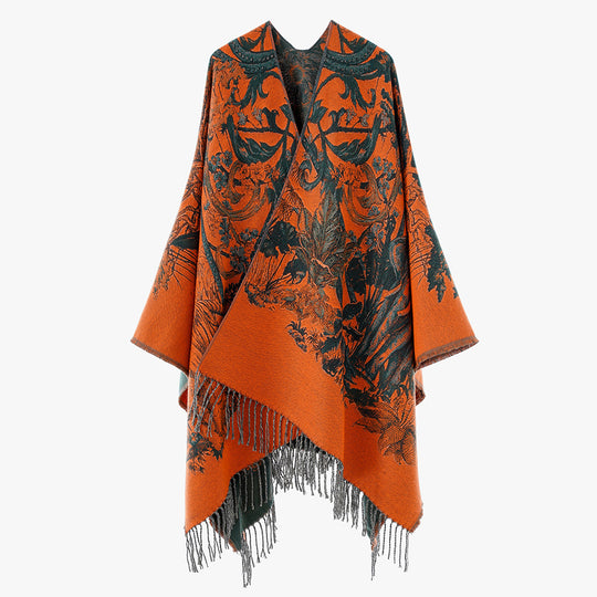 Damen Ornamentaler Jacquard‑Überwurf im Cape‑Stil mit Fransensaum Shop Nory