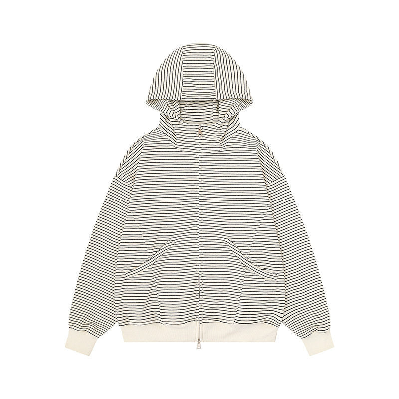 Unisex Gestreifte Kapuzen-Sweatjacke mit Reißverschluss und Kängurutaschen Shop Nory