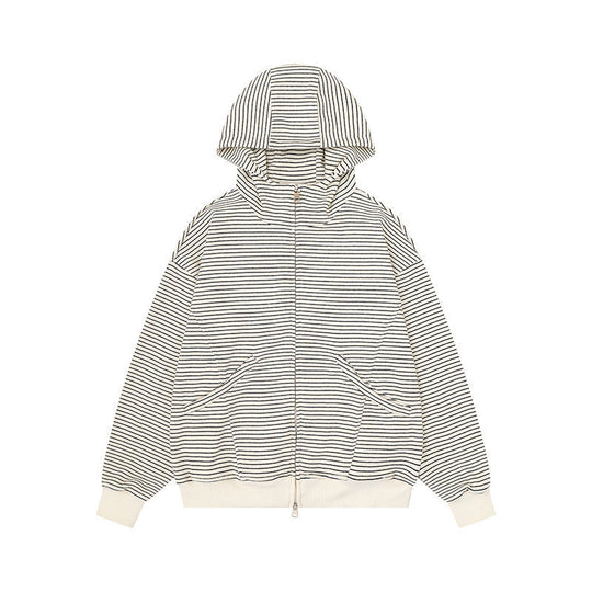 Unisex Gestreifte Kapuzen-Sweatjacke mit Reißverschluss und Kängurutaschen Shop Nory