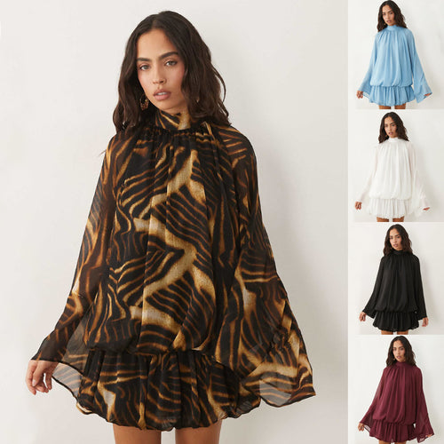Damen Chiffon-Minikleid mit geraffter Blusentunika, Stehkragen und Volantrock Shop Nory