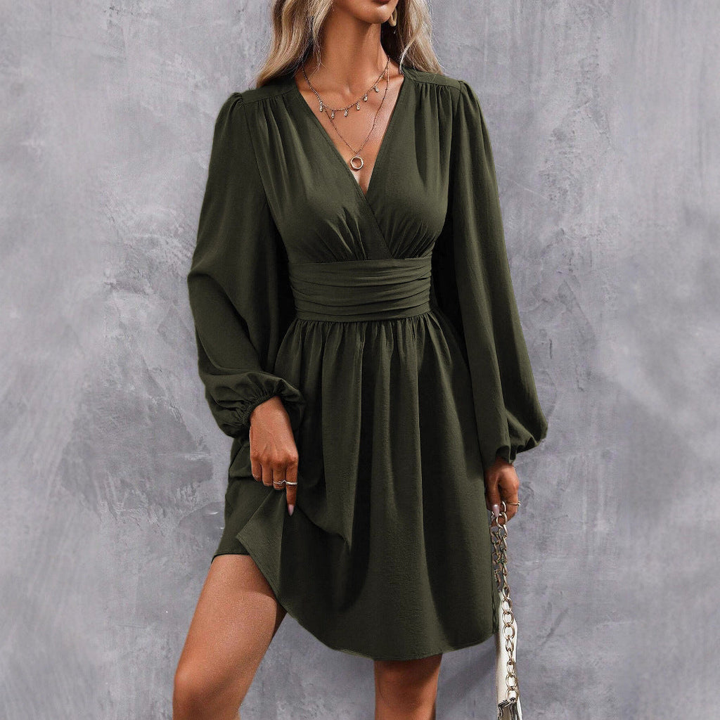 Damen Knielanges Wickelkleid mit eleganten Puffärmeln