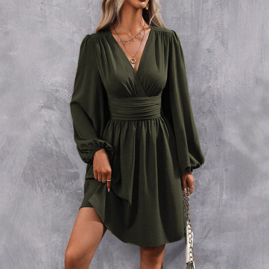 Damen Knielanges Wickelkleid mit eleganten Puffärmeln