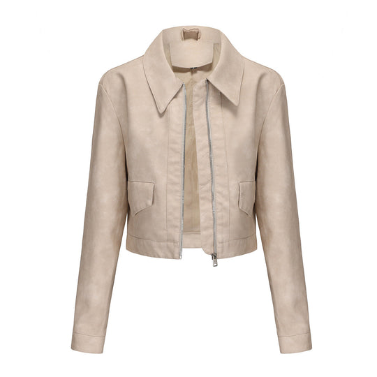 Damen modische cropped Kunstlederjacke mit klassischem Wellenkragen