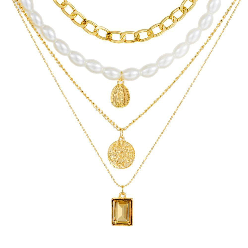 Damen mehrlagige Halskette mit goldenen Anhängern und eleganten Perlenverzierungen Shop Nory