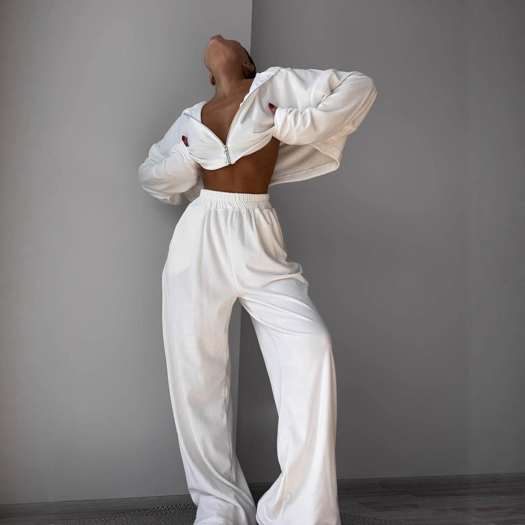 Damen kurzes Samt-Cropped-Zipshirt mit weitem High‑Waist Palazzo‑Hose Zweiteiler Shop Nory