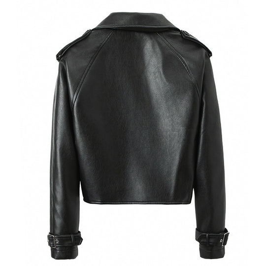 Damen Cropped Biker‑Trench aus weichem Kunstleder mit Schulterriegeln und Schnallenmanschetten Shop Nory