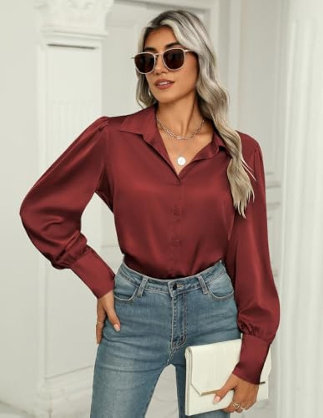 Damen Seidenoptik-Bluse mit Hemdkragen, verdeckter Knopfleiste und langen Manschetten Shop Nory