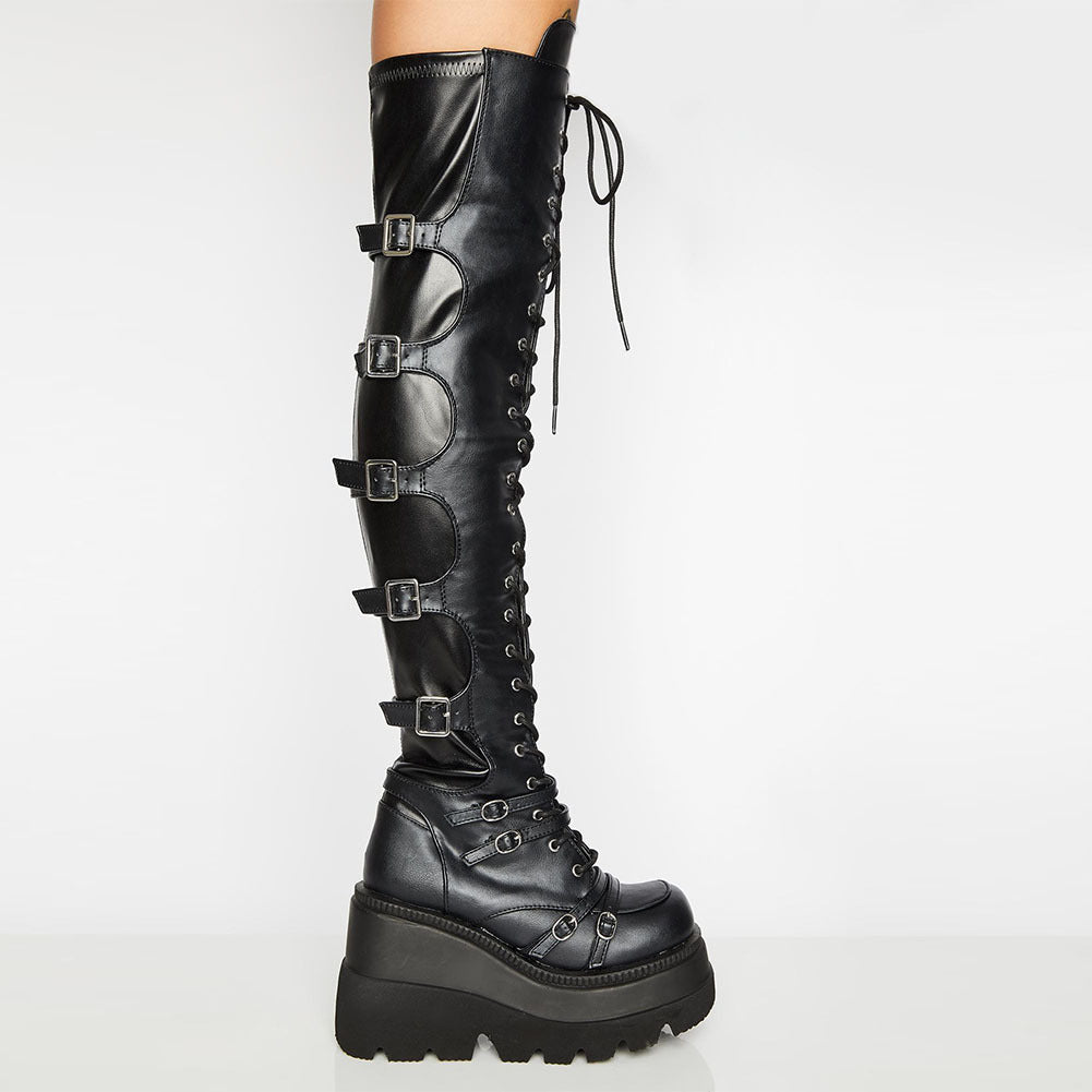 Damen Hochformatige Plateau-Stiefel mit modischem Reißverschluss und Schnür-Design