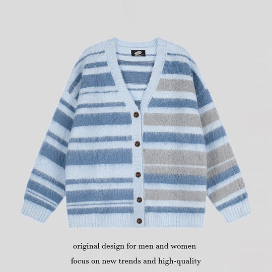 Damen Oversize-Strickjacke mit V‑Ausschnitt, kuscheliger Mohair‑Optik und gestreiftem Muster Shop Nory