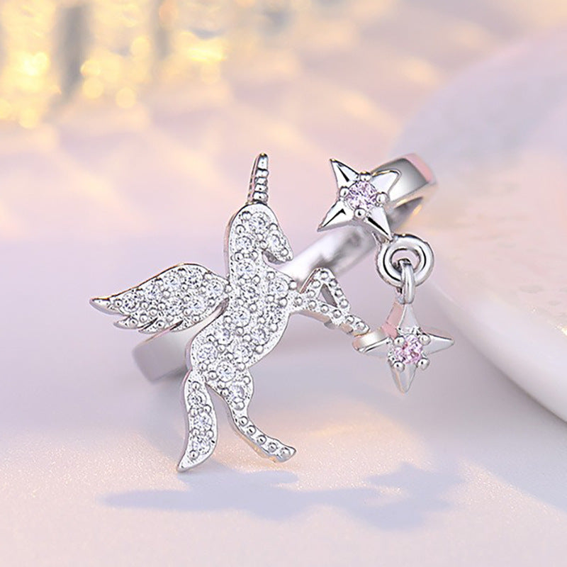 Damen offener Ring mit einzigartigem Einhorn-Design und funkelnden Sternen Shop Nory