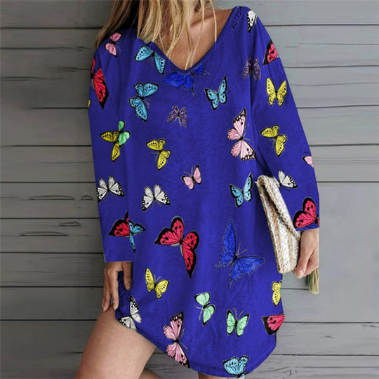 Damen Oversize Tunika-Kleid mit V-Ausschnitt und Schmetterlingsprint Shop Nory
