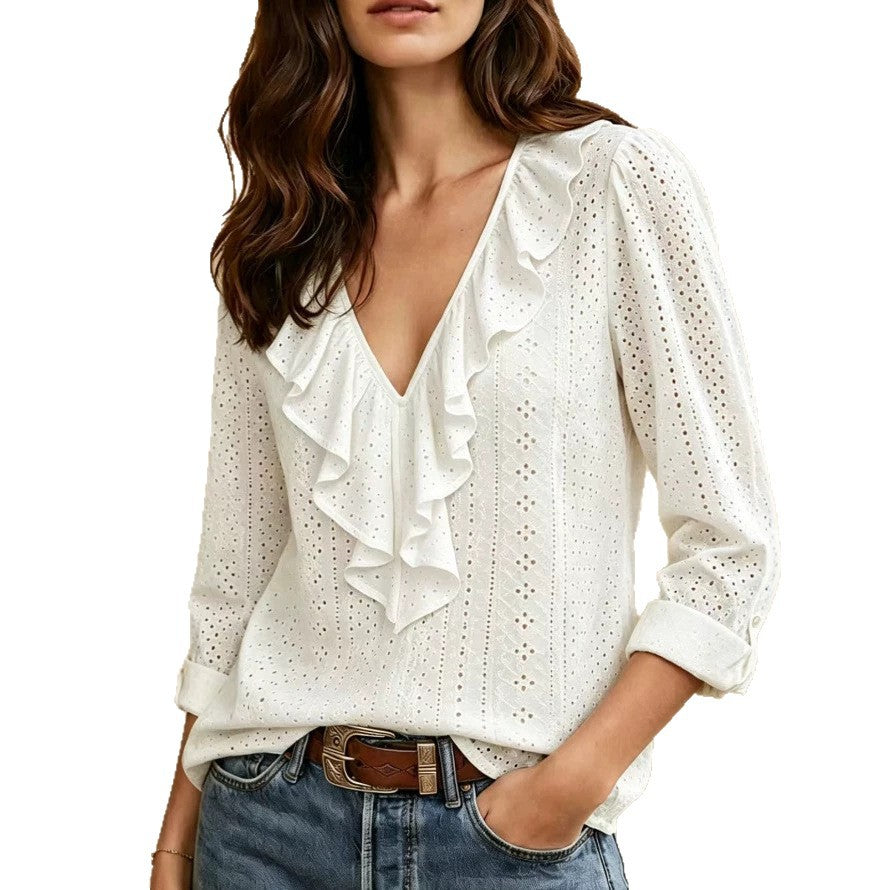 Damen nan luftige Ajourspitzenbluse mit V-Ausschnitt und Volant Shop Nory