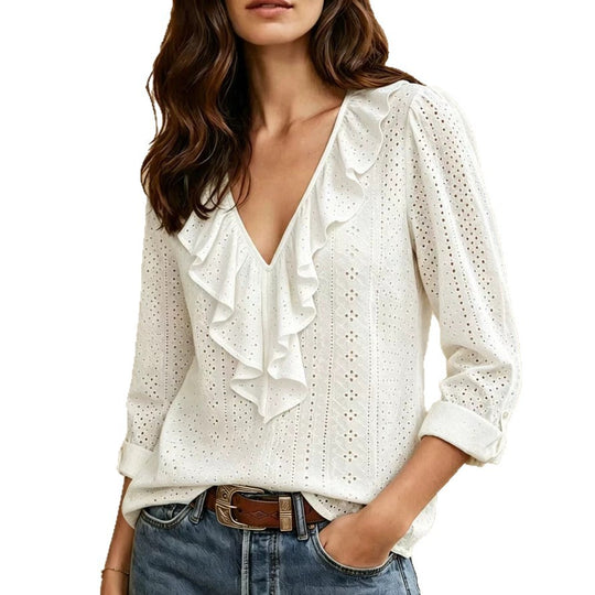 Damen nan luftige Ajourspitzenbluse mit V-Ausschnitt und Volant Shop Nory