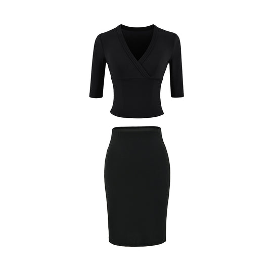 Damen Zweiteiliges figurbetontes Wickel-Top mit Dreiviertelärmeln und Highwaist-Bleistiftrock Shop Nory