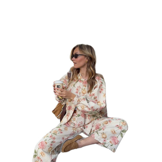 Damen Zweiteiliges Blumen-Print Co-Ord-Set mit Oversize-Blouson und High-Waist-Hose Shop Nory