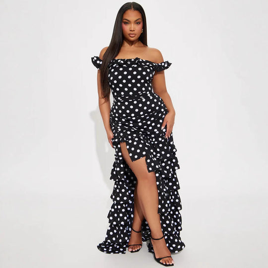 Damen Off-Shoulder Maxikleid mit Rüschen und aufregendem Schlitz Shopnory