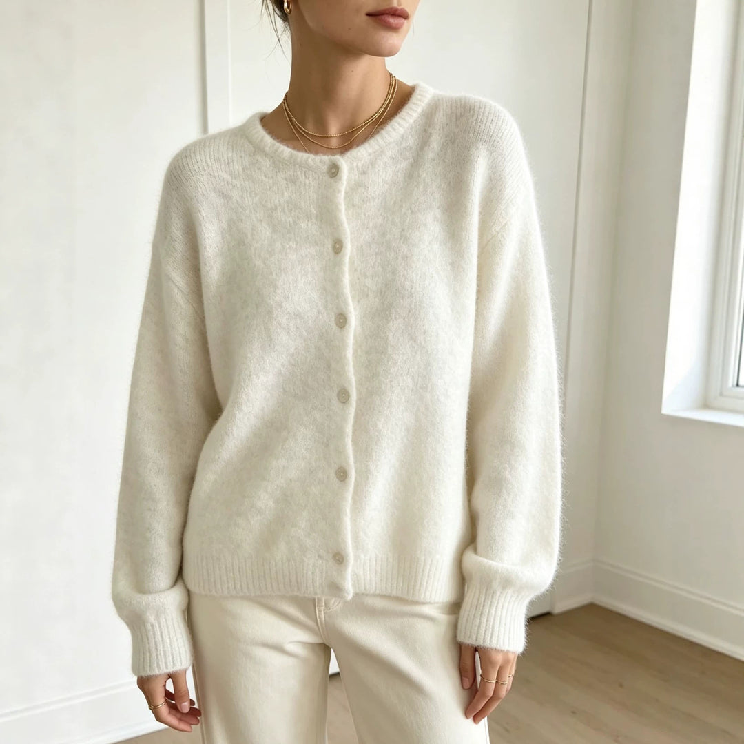 Damen Rundhals-Strickjacke mit weichem Flormix, Knopfverschluss und gerippten Bündchen Shop Nory