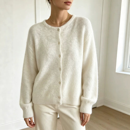 Damen Rundhals-Strickjacke mit weichem Flormix, Knopfverschluss und gerippten Bündchen Shop Nory