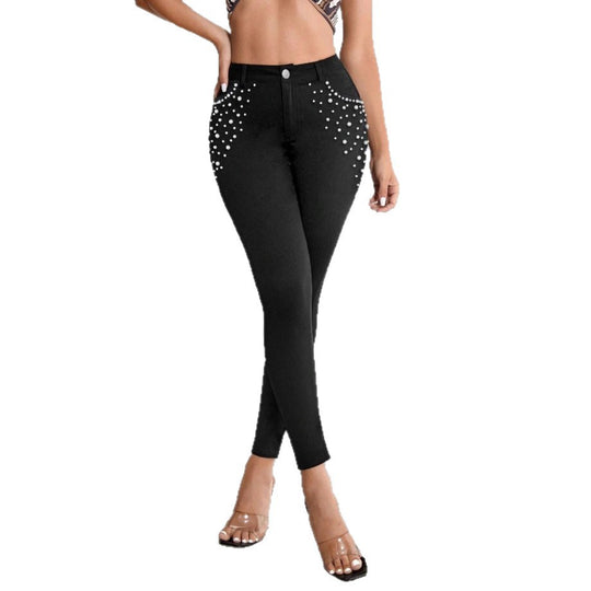 Damen Hochtaillierte Skinny-Jeans mit Perlenverzierung Shop Nory