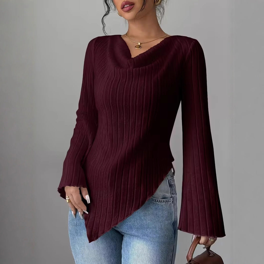 Damen Asymmetrischer Gerippter Feinstrickpullover mit V-Ausschnitt Shop Nory