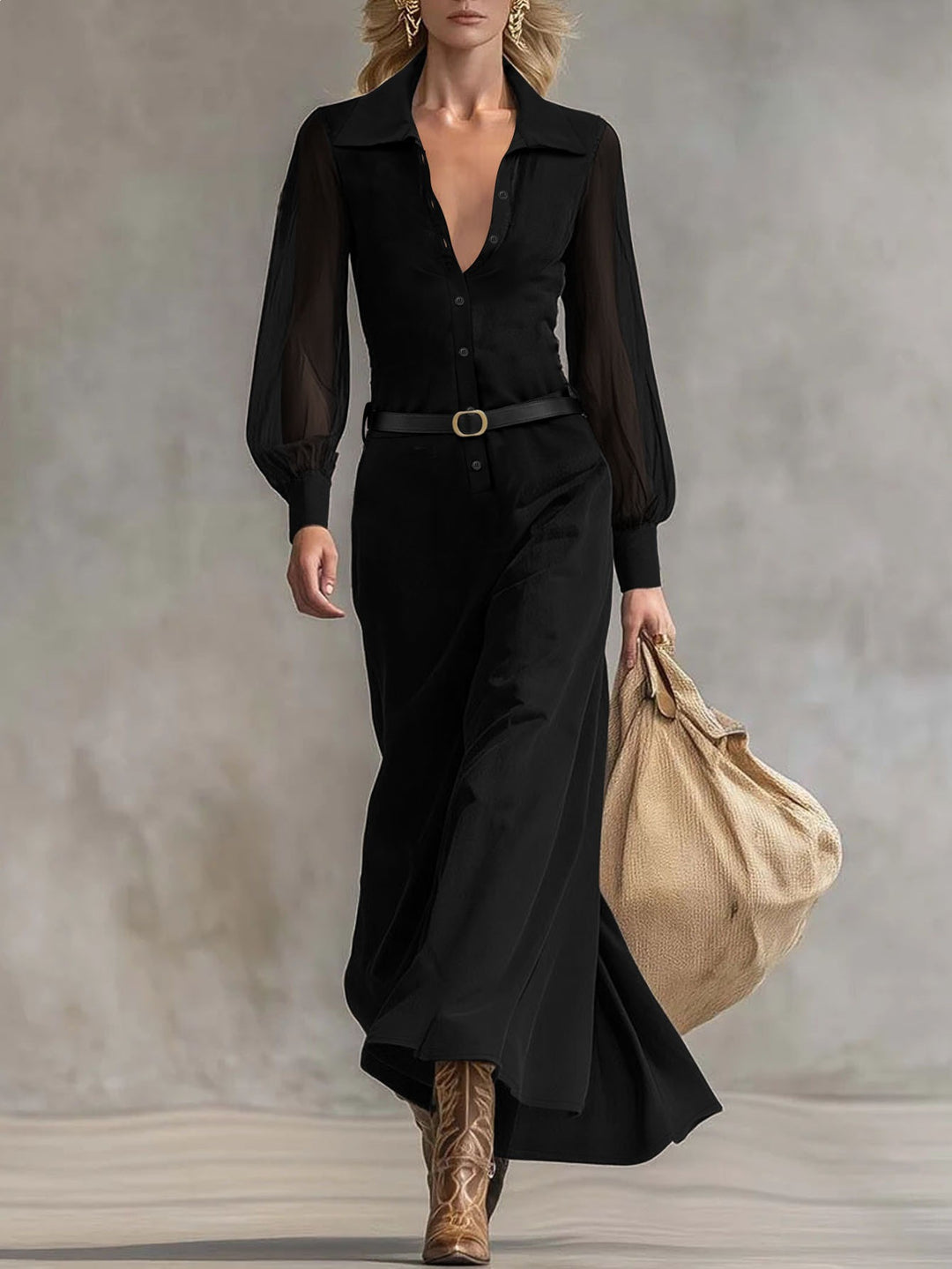 Damen Schlankes Maxi‑Hemdkleid mit transparenten Ballonärmeln und taillierter Silhouette Shop Nory