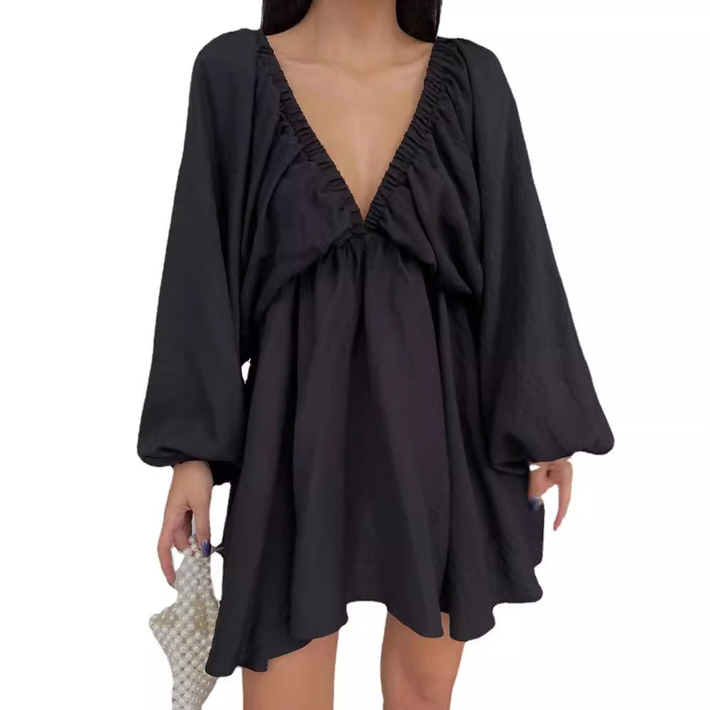 Damen Lockeres Minikleid mit tiefem V-Ausschnitt und Ballonärmeln Shop Nory