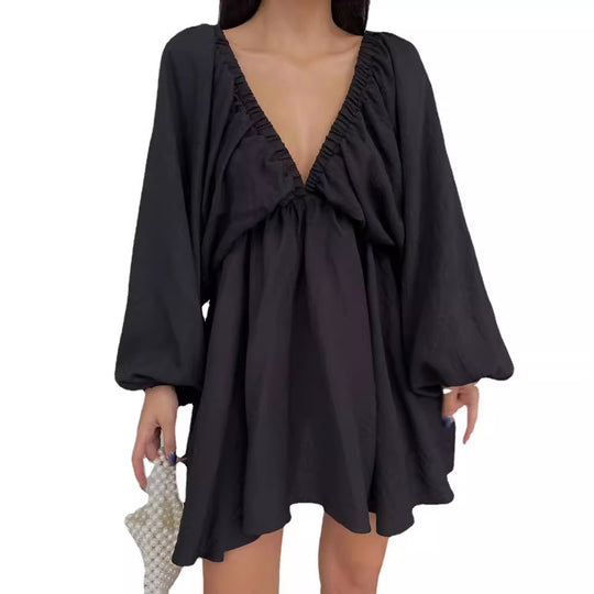 Damen Lockeres Minikleid mit tiefem V-Ausschnitt und Ballonärmeln Shop Nory