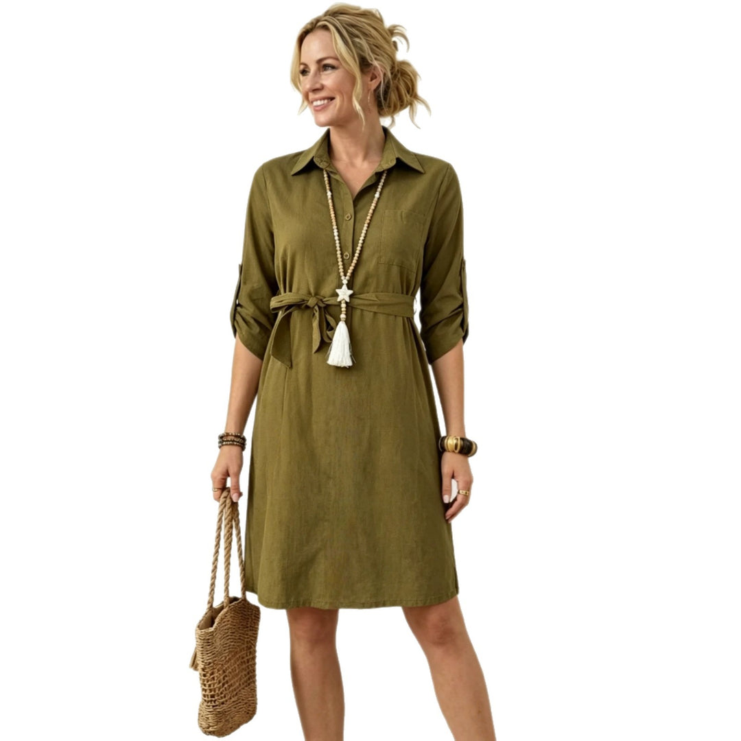 Damen Knielanges Hemdblusenkleid mit Taillengürtel und dreiviertel-Ärmeln Shop Nory