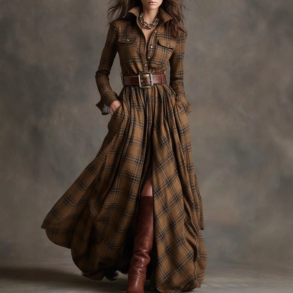 Damen nan karierte Maxikleid Hemdblusenkleid mit ausgestelltem Rock und breitem Taillengürtel Shop Nory
