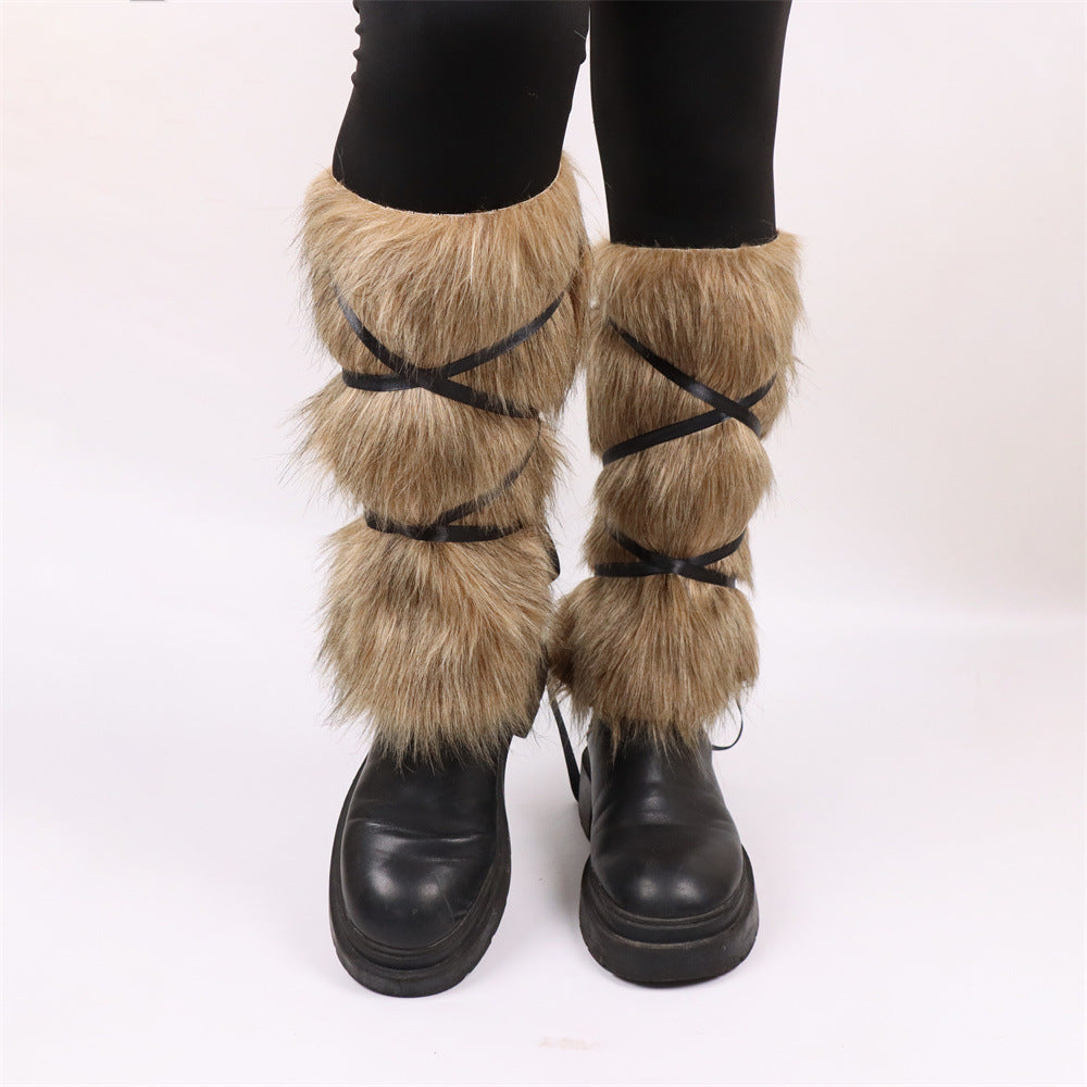 Damen Hochflor-Beinwärmer mit Kunstfelloptik und Wickelriemen Shop Nory