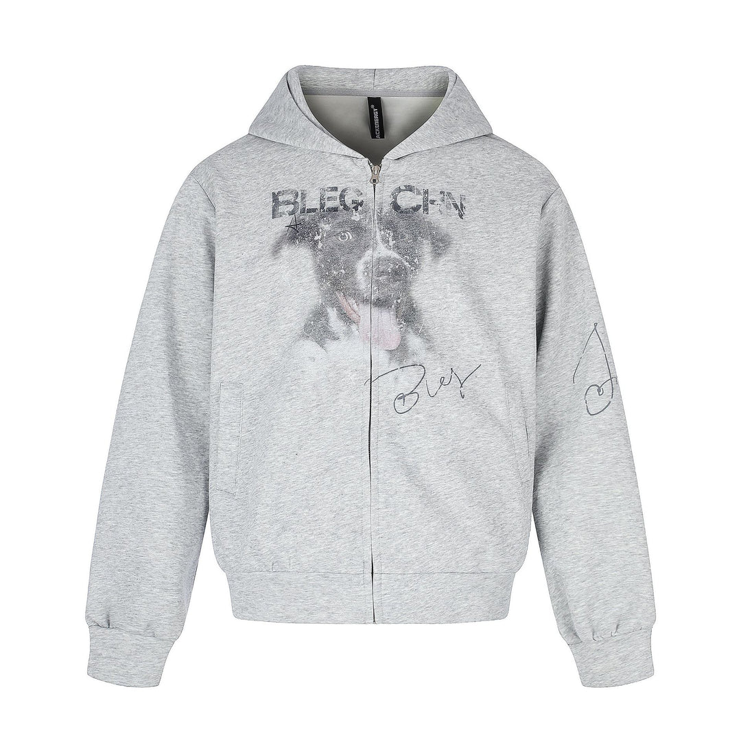 Unisex Kurz geschnittene Kapuzen‑Zipjacke mit grafischem Hundeprint und geripptem Saum Shop Nory