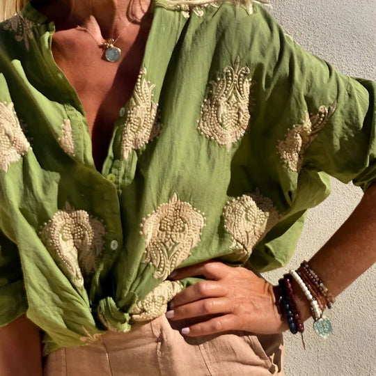 Damen Boho Leinen Bluse mit Perlenstickerei und Knotenband Shop Nory