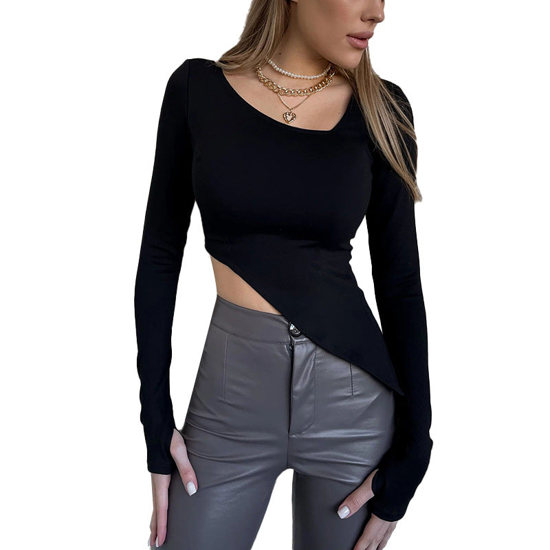 Damen Asymmetrisches tailliertes Cut-Out-Crop-Top mit langen Ärmeln Shop Nory