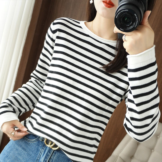 Damen Maritim inspirierter Baumwoll-Feinstrickpullover mit Streifen und leicht kastiger Silhouette Shop Nory