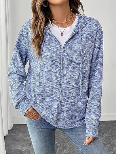 Damen Melange-Strick Zip-Kapuzenjacke mit Kängurutaschen und leichtem Fall Shop Nory