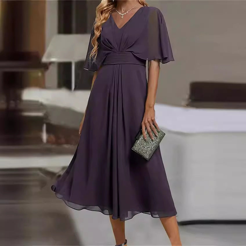 Damen elegantes Maxikleid mit fließenden Ärmeln und V-Ausschnitt Shopnory