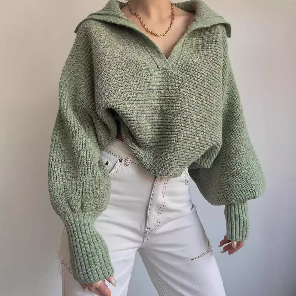 Damen Oversize Rippsweater mit Reverskragen und tiefem V‑Ausschnitt Shop Nory