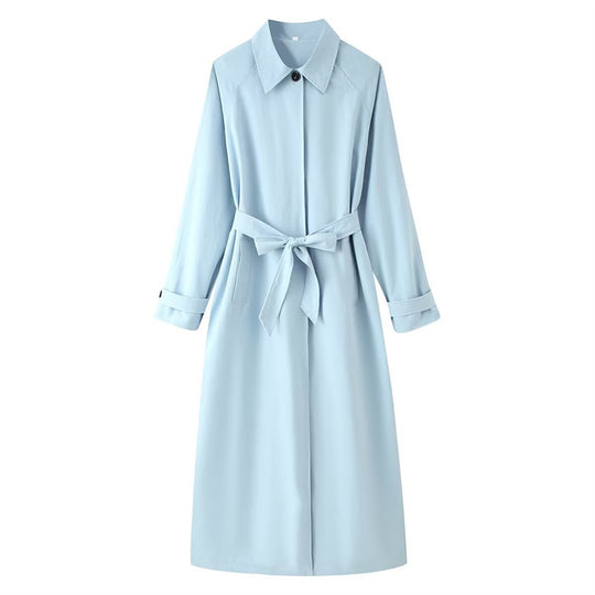 Damen langer taillierter Trenchcoat mit Bindegürtel und Hemdkragen Shop Nory